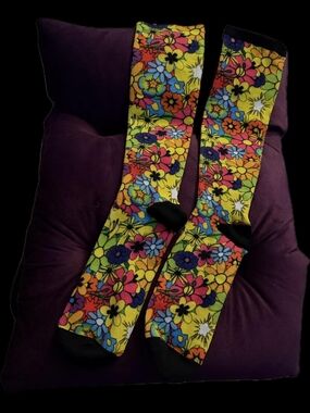 Vibrant Yellow Floral Crew Cmoression Socks - Woman's Colorful Patterned Socks